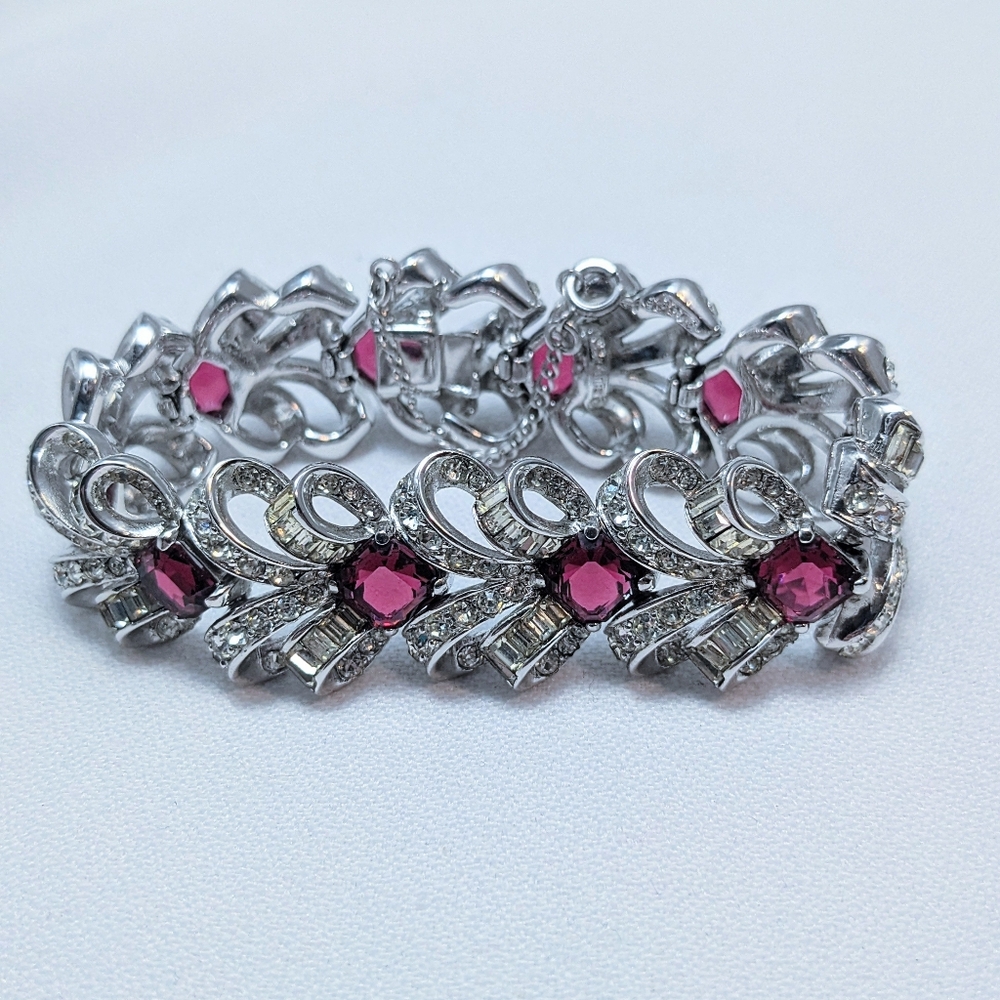 Vintage Marcel Boucher Ruby Coloured Glass Rhodium Plated Bracelet